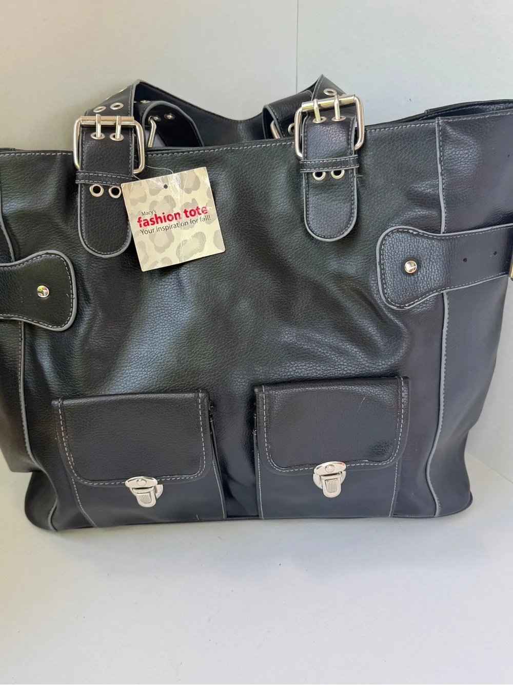 NWT Macy's Black Large Faux Leather Motorcycle Tote Bag Y2K Pockets Shoulder Bag